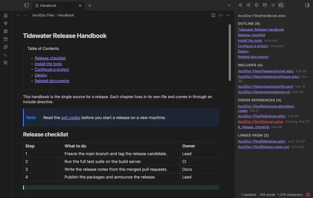 The side panel with the outline, the includes, the cross references with one missing target, and the files that link here.