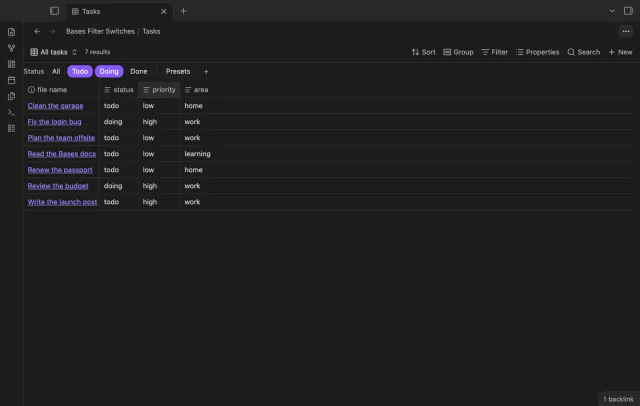 A Tasks base with a Status group of switches under the toolbar, where Todo and Doing are on and the table shows 7 results.