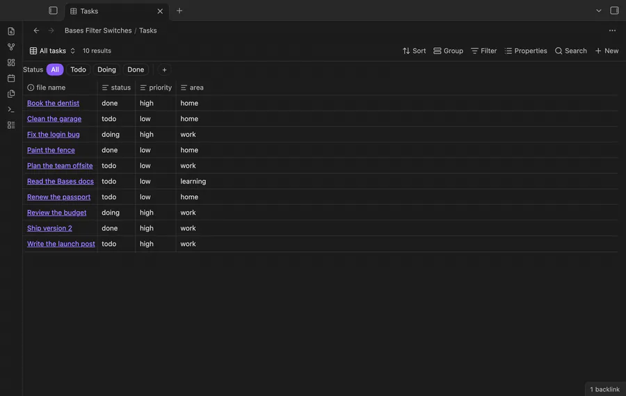 Clicking Todo, then Doing, then All, then Done above a base of tasks; the rows change after each click