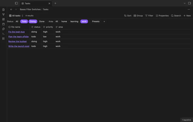 A preset applied to the Tasks base, with the Todo, Doing and work switches on and 4 results in the table.