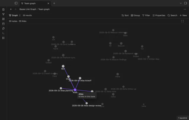 The Atlas node hovered, with its links highlighted and a card that says 6 links in this base.