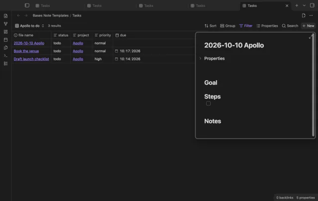 A Tasks base with a new row named 2026-10-10 Apollo, and a popover that shows the headings Goal, Steps and Notes.