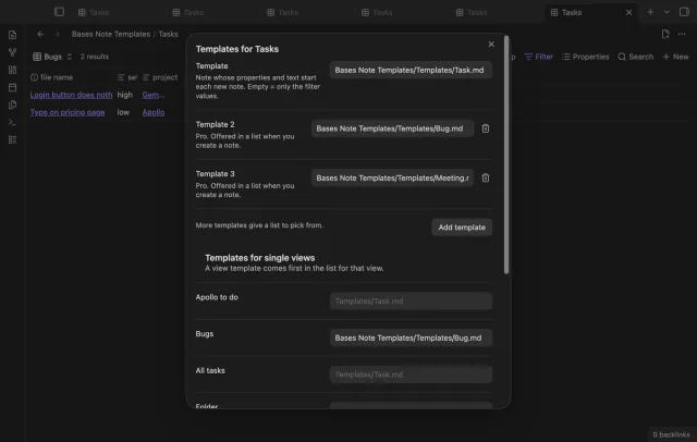 The setup dialog with three templates and the Bug template set for the Bugs view.