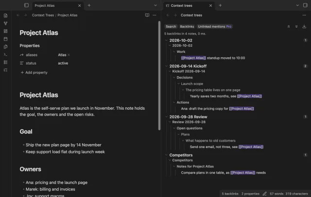 The backlinks of Project Atlas, with each linking line under the headings and parent list items of its note.