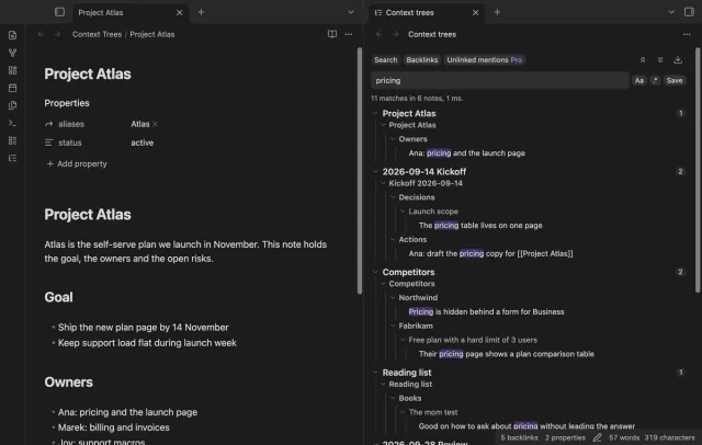 A search for pricing in the Context Trees view, with 11 matches in 6 notes drawn as trees of headings and list items.