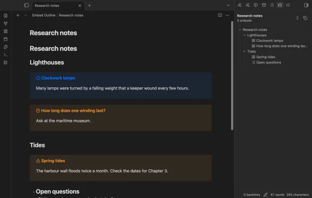 A research note with three callouts, and an outline that lists each callout title and the list heading Open questions.