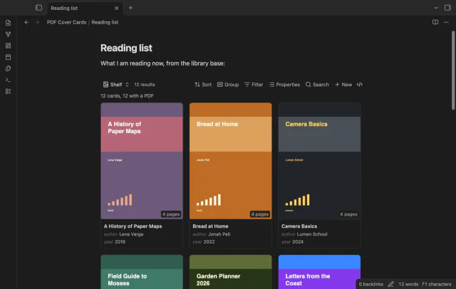 The card layout embedded in a note named Reading list, under one line of text.