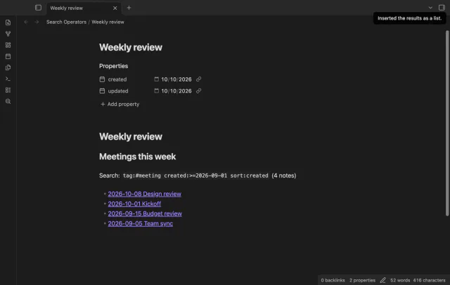 A weekly review note with the inserted query and a list of four linked meeting notes.