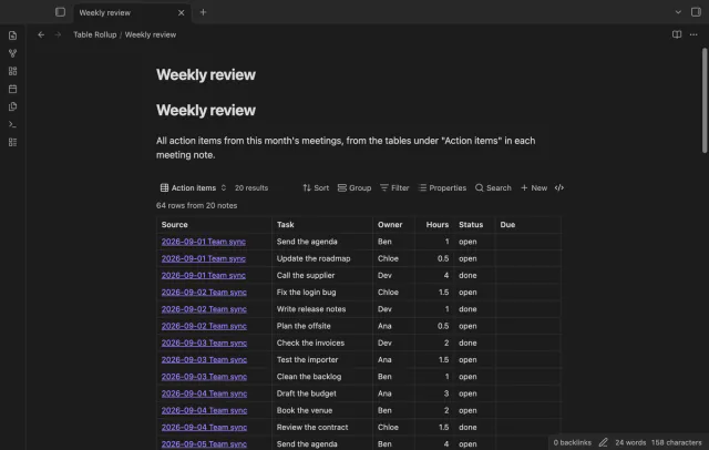The merged table embedded in a weekly review note.