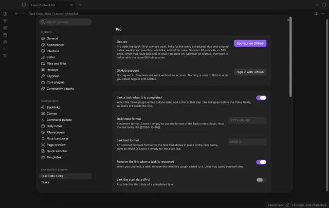 The settings tab with the Pro section, the switch for links on completion, the daily note format and the link text format.