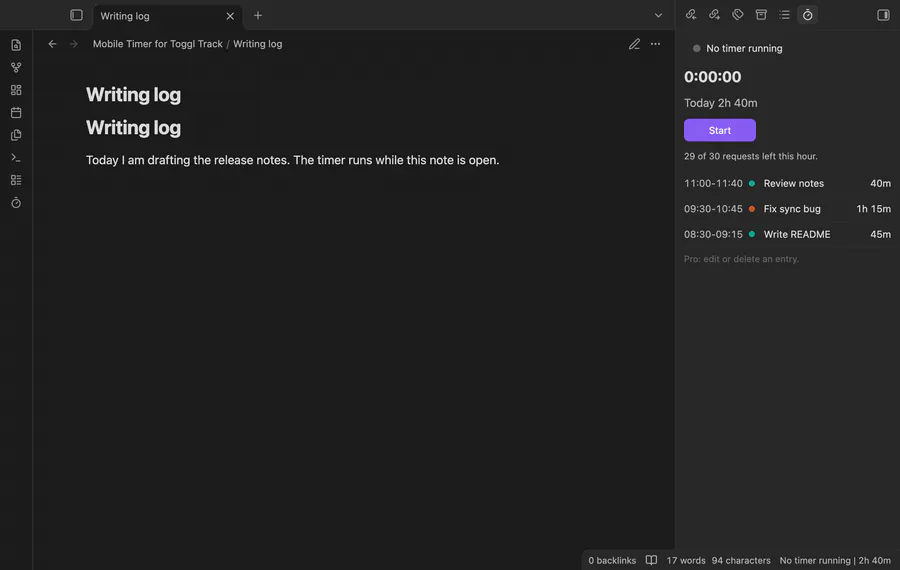 A desktop window where the timer panel shows no timer running. The Start timer window opens with the description Writing log. A timer then runs at 0:27:15, and after the stop the panel lists four finished entries.