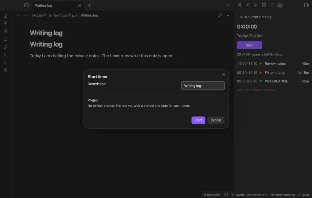 The Start timer window with the description Writing log, and a Project row that says No default project.
